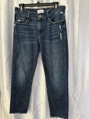 FRAME Le Garçon Crop Dark Wash Distressed Straight Jeans